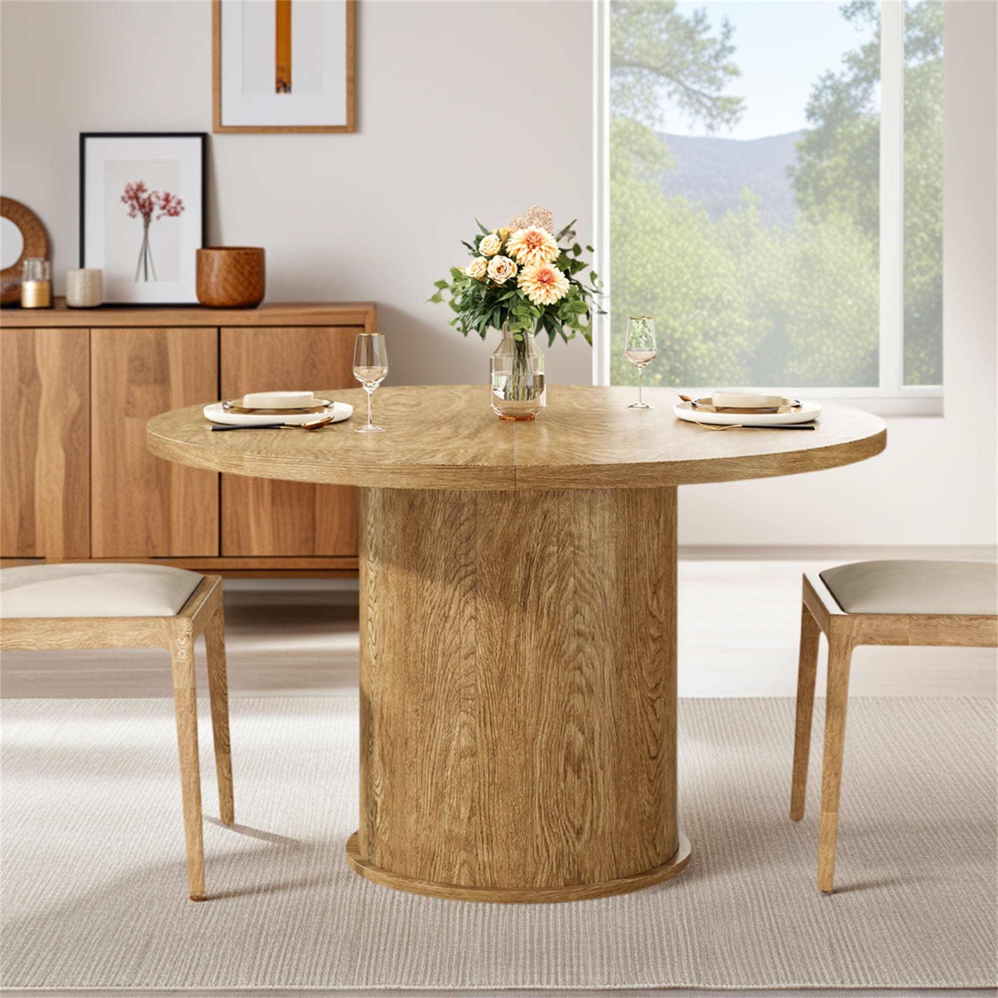 Sie 48 Inch Dining Table, Round Nailhead Trim Top with Shelf