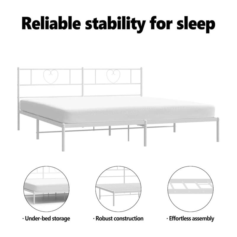 vidaXL King Metal Bed Frame with Headboard, White, No Mattress - 81.5" x 78" x 35.4"