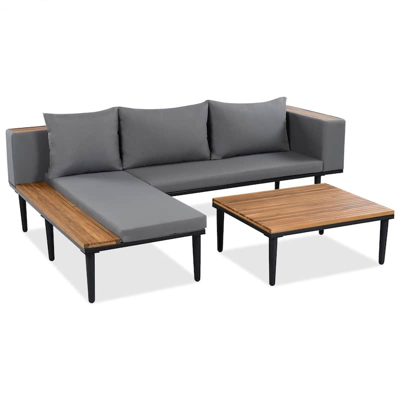 L-Shaped Acacia Wood Sofa with Side table
