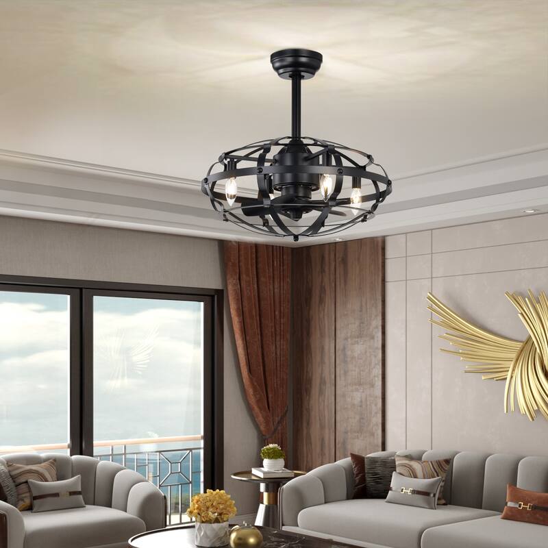 20" Industrial Ceiling Fan Light Kit for Living Room Bedroom Kitchen and Bladeless Caged Ceiling Fan with Lights - 20 Inches