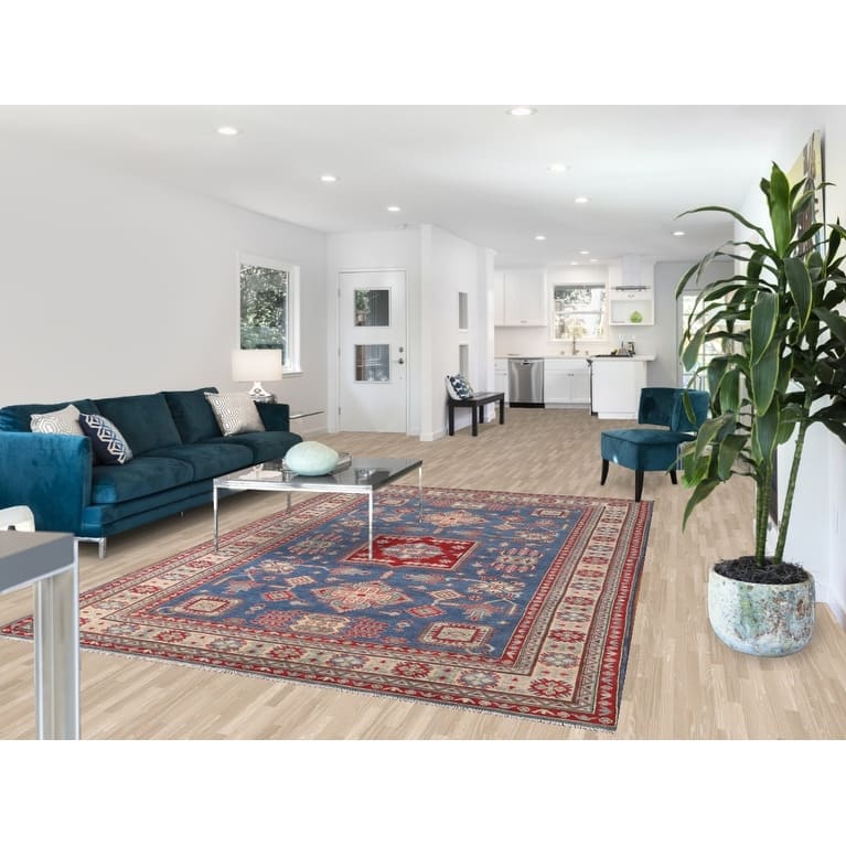 Geometric Kazak Area Rug Hand-Knotted Blue Wool Carpet - 6'7" x 9'8"