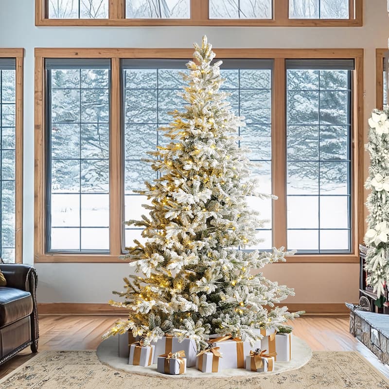 Glitzhome 6FT/7.5FT/9FT/11FT Snow Flocked Pre-lit Artificial Fir Christmas Trees