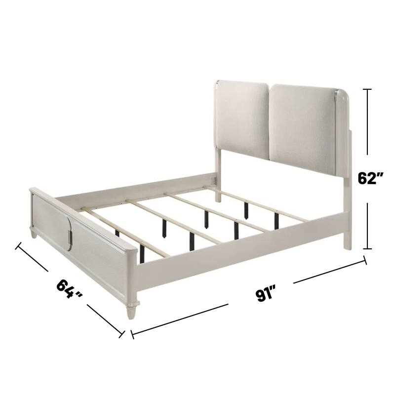 Boucle Upholstered Queen Bed with LED Light in Light Gray and Pearl White