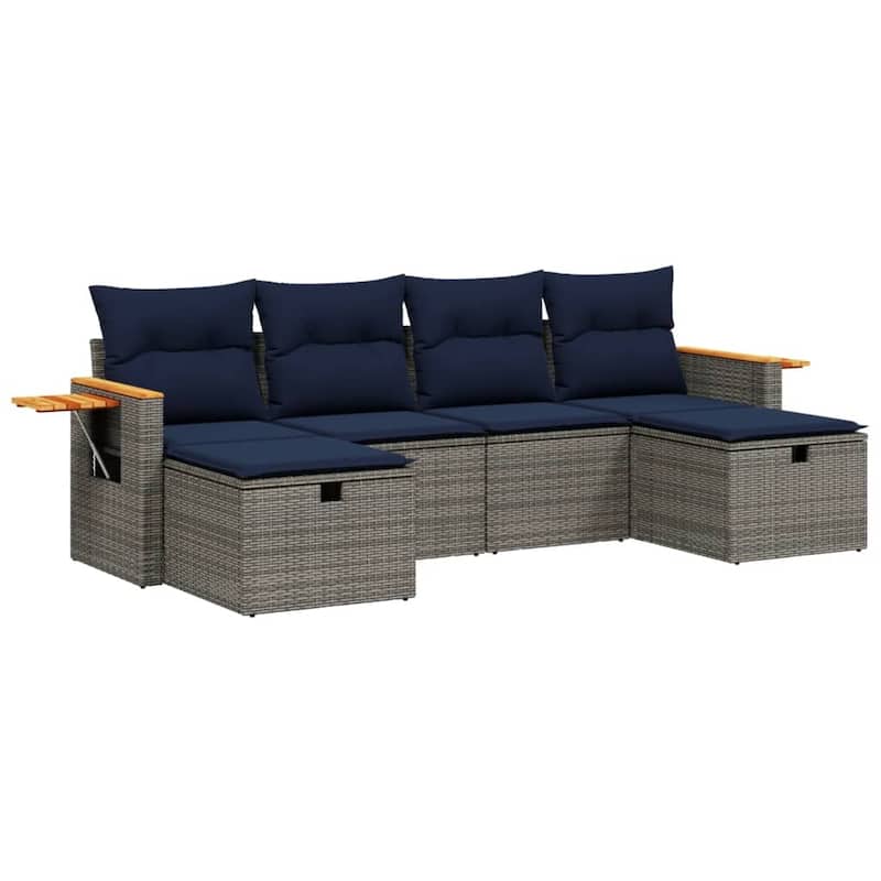 vidaXL 6 Piece Patio Sofa Set with Cushions Gray Poly Rattan - 21.7" x 24.4" x 27.2"