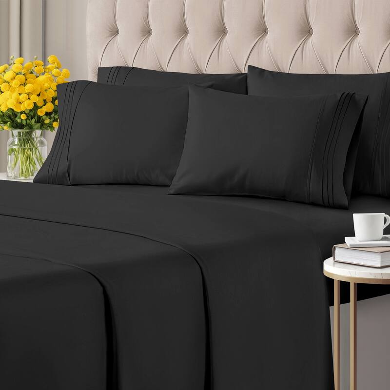 CGK Linens 6 Piece Solid Deep Pockets Microfiber, Easy-Fit Bed Sheet Set - King - Black