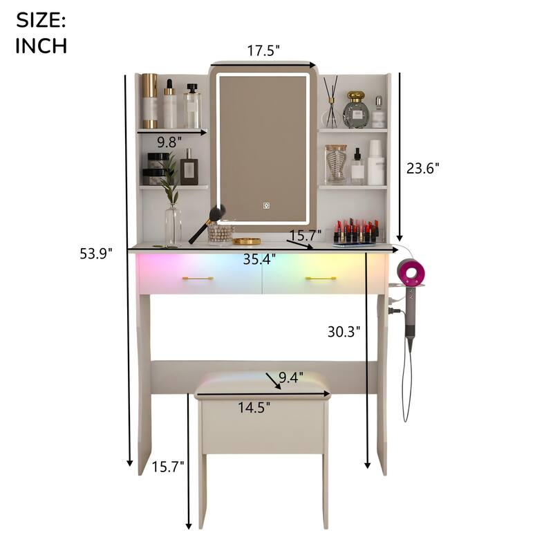 KISRAIS 35.4" Fashion Vanity Desk with Mirror and Lights, Cushioned Stool, Power Station, and Hair dryer bracket
