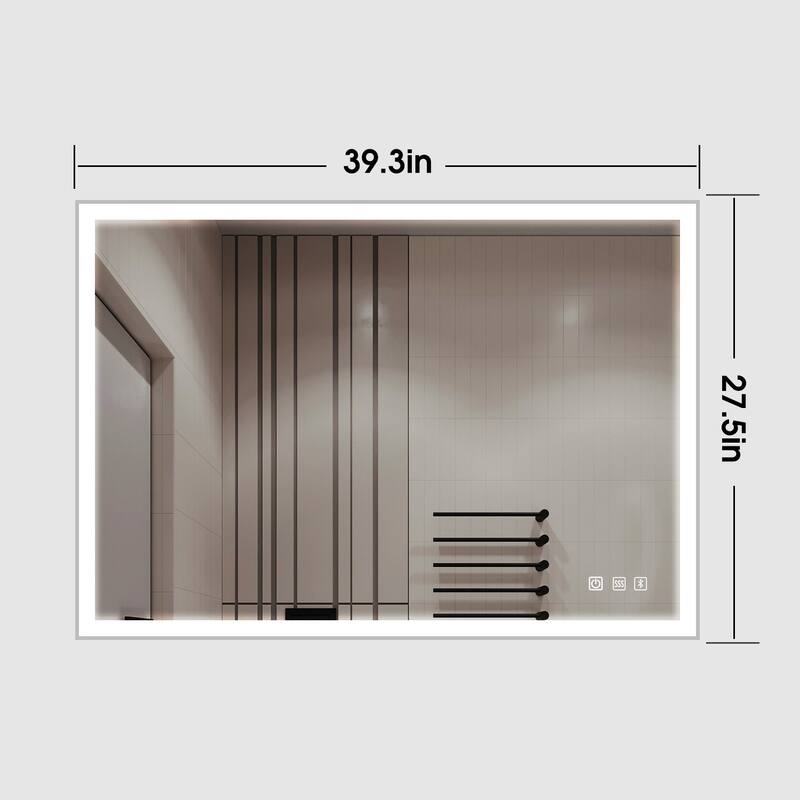 27.55 in. W x 39.37 in. H Rectangular Silver White Framed Dimmable Anti-Fog Wall Mounted Bathroom Vanity Mirror