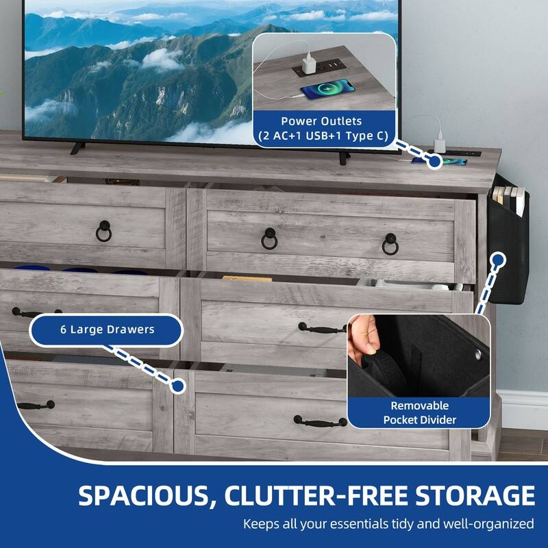 Moasis 59" Farmhouse 6 Drawer Dresser Chest of Drawers Storage Organizer For Bedroom