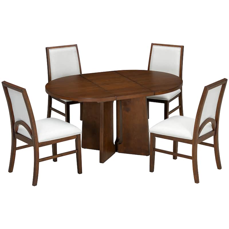 Round Dining Table Set for 4 with Extendable Top and Comfortable Upholstered Chairs for Family Meals