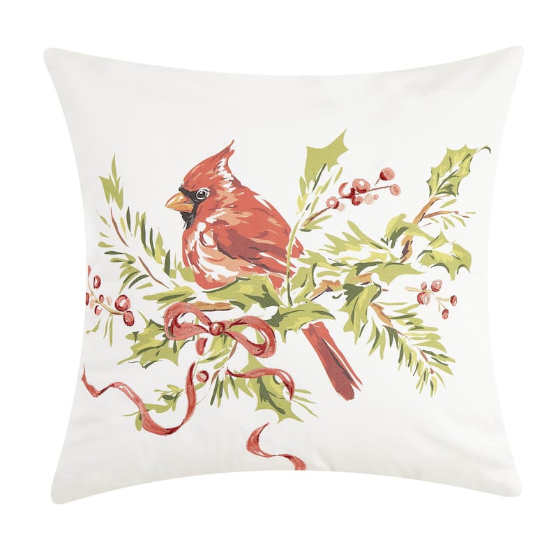 Cardinal on Holly Branch Embroidered Holiday Pillow