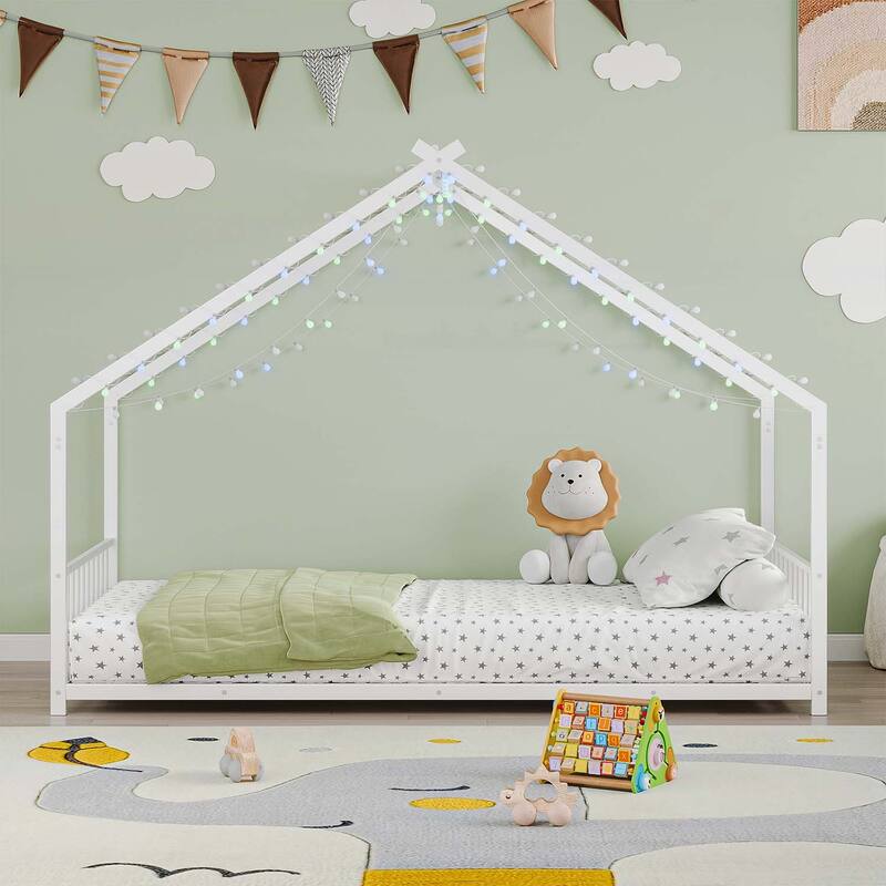 Platform Bed with LED light strips,roof-shaped iron frame,and low profile design for safety and style - White-Twin Size