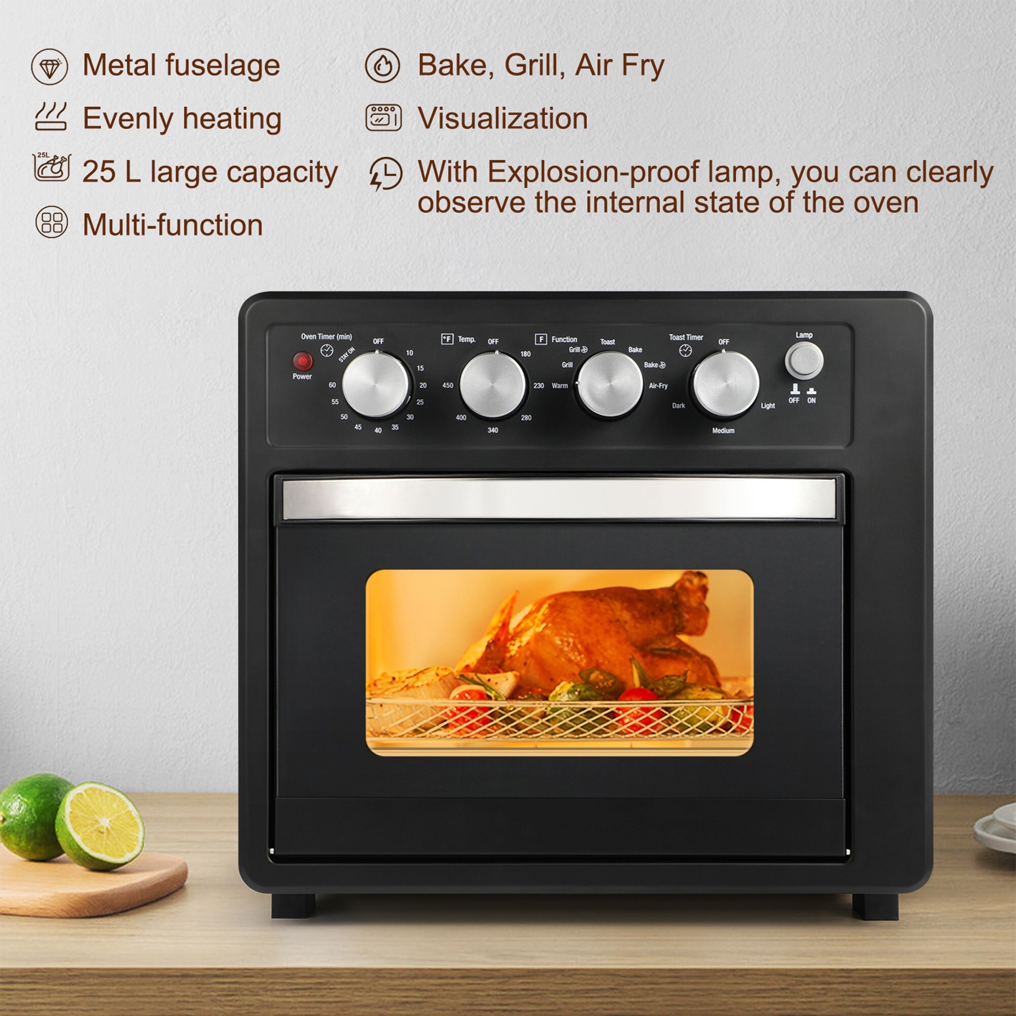 CUSchoice 25L Family Size Air Fryer Oven 6 Accessories Black Matte Stainless 17.3in 18.5in 17.1in L W H