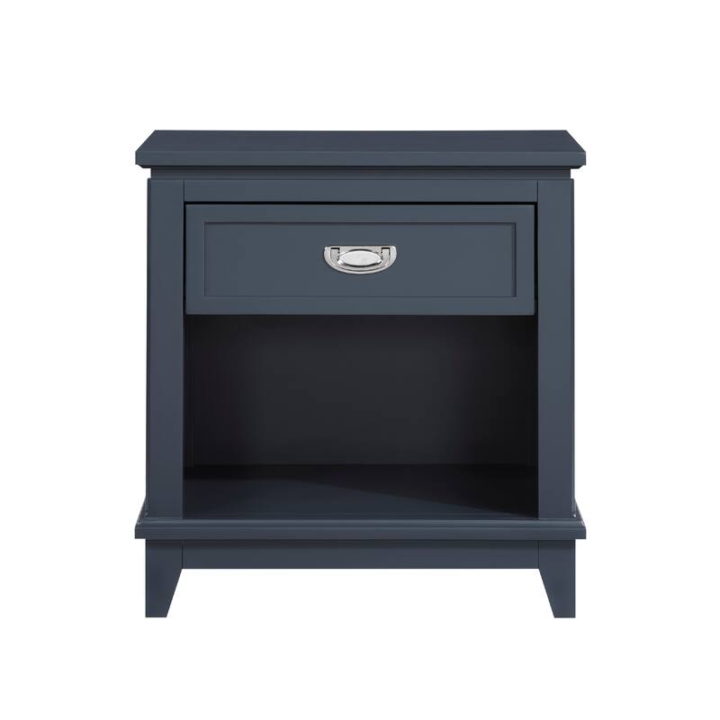 Sely Nightstand, 1 Drawer w Open Cubby, Navy Blue Wood, Ring Handle