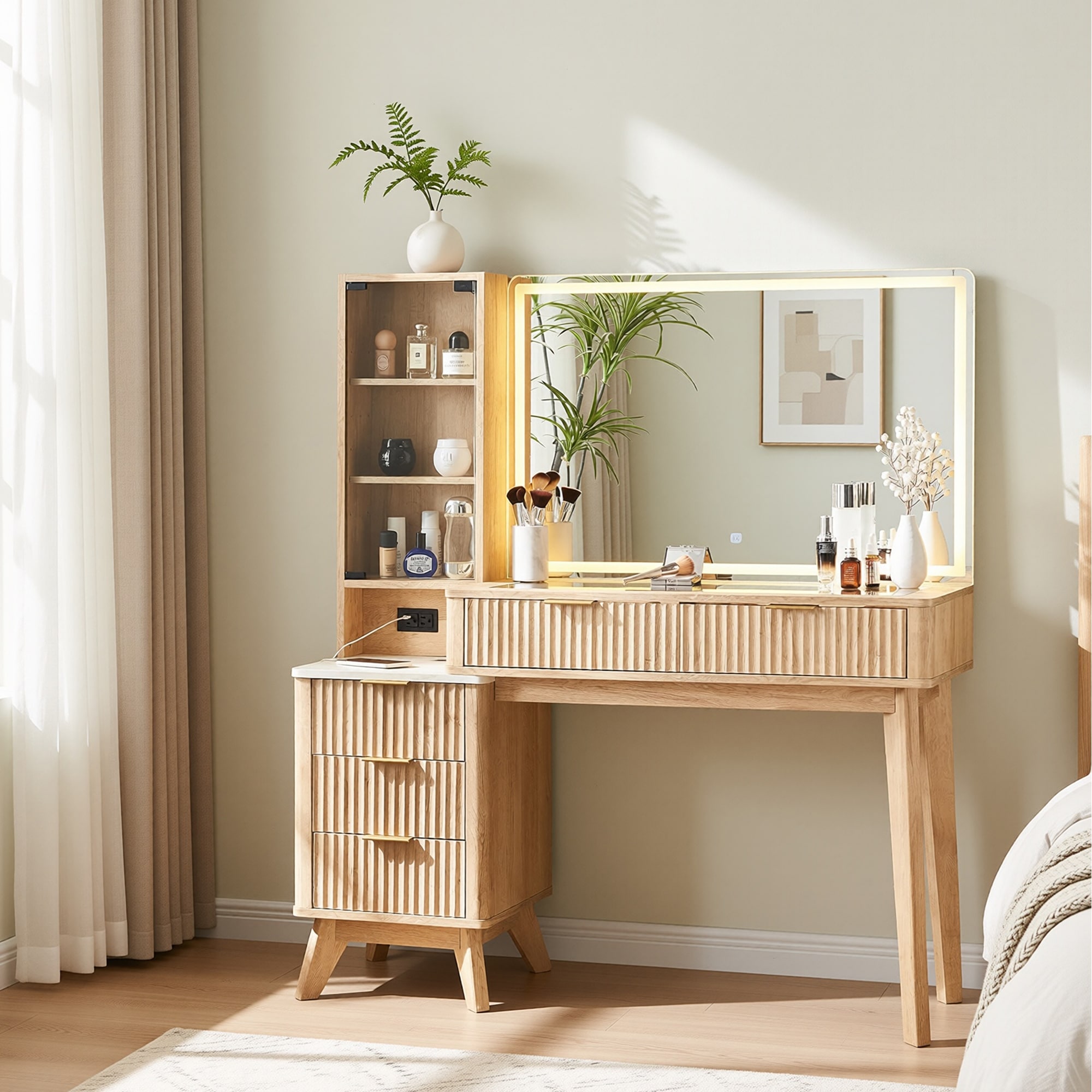 Modern Fluted Makeup Vanity Desk with Mirror, Lights, Charging Station