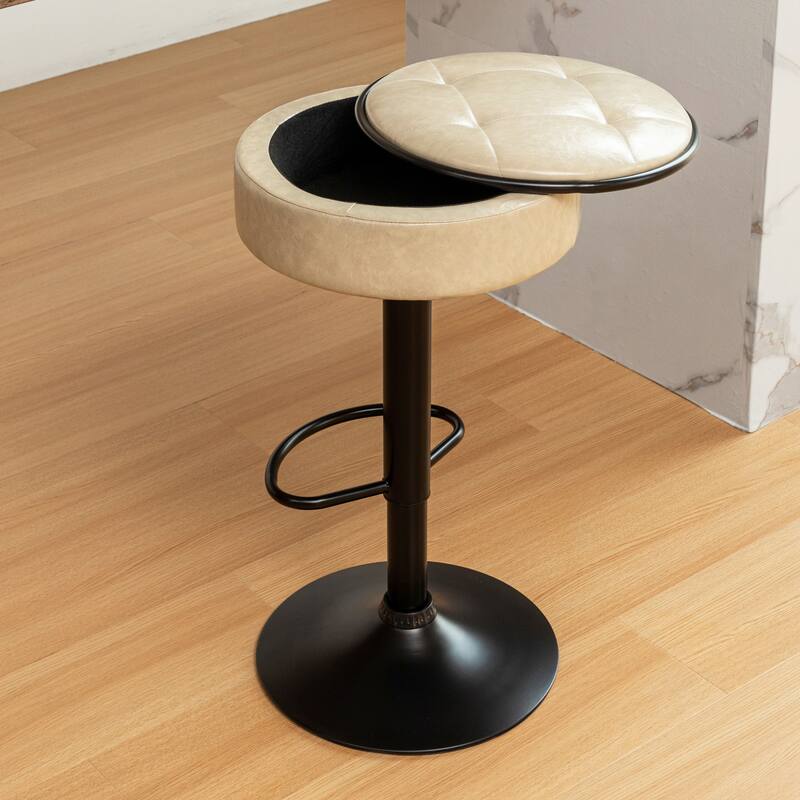 2 Storage Bar Stool,Faux Leather Height Adjustable Barstool,360°Counter Height Swivel Stool,Armless Bar Chair with Metal Frame