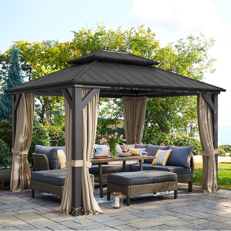 Outdoor Hardtop 12 x 14 Pergola Steel Double Roof Gazebo with Curtains For Patio, Backyard, or garden