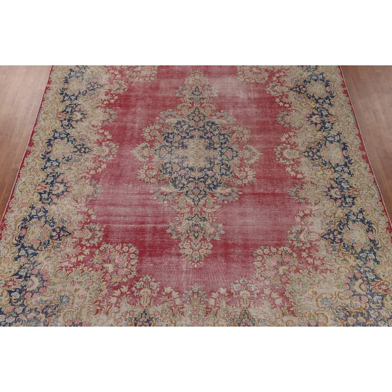 Distressed Pink Kerman Persian Antique Area Rug Handmade Wool Carpet - 9'9" x 13'3"