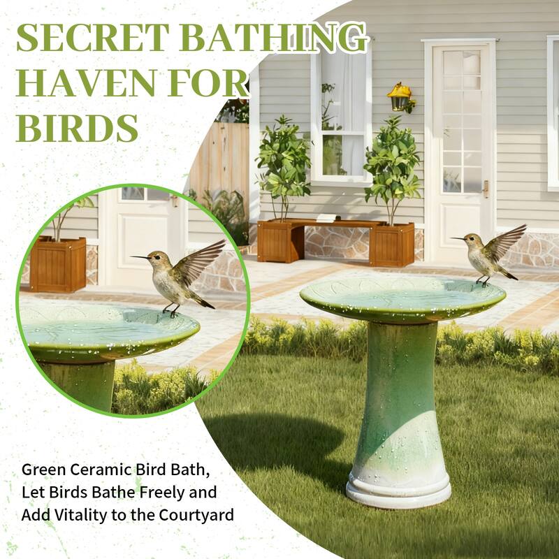 Handmade Green Gradient Glaze Ceramic Bird Bath, 16.93 inch Diameter 18.11 inch Height, Lightweight & Weather-Resistant