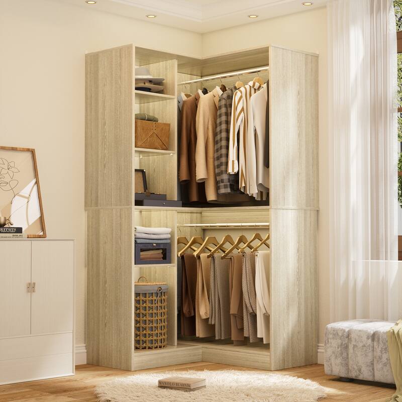 Qvella 36" Corner Closet System with 2 Hanging Rods and Hutches, Freestanding Corner Wardrobe Rack with Adjustable Shelves