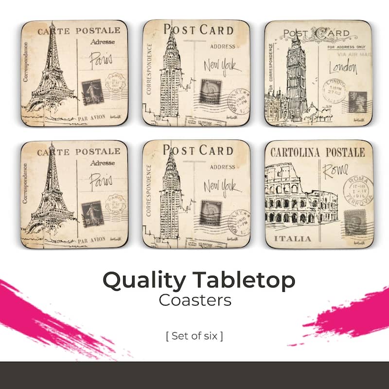 Pimpernel Set of 6 Postcard Sketches Coasters - 4 Inches Sq.