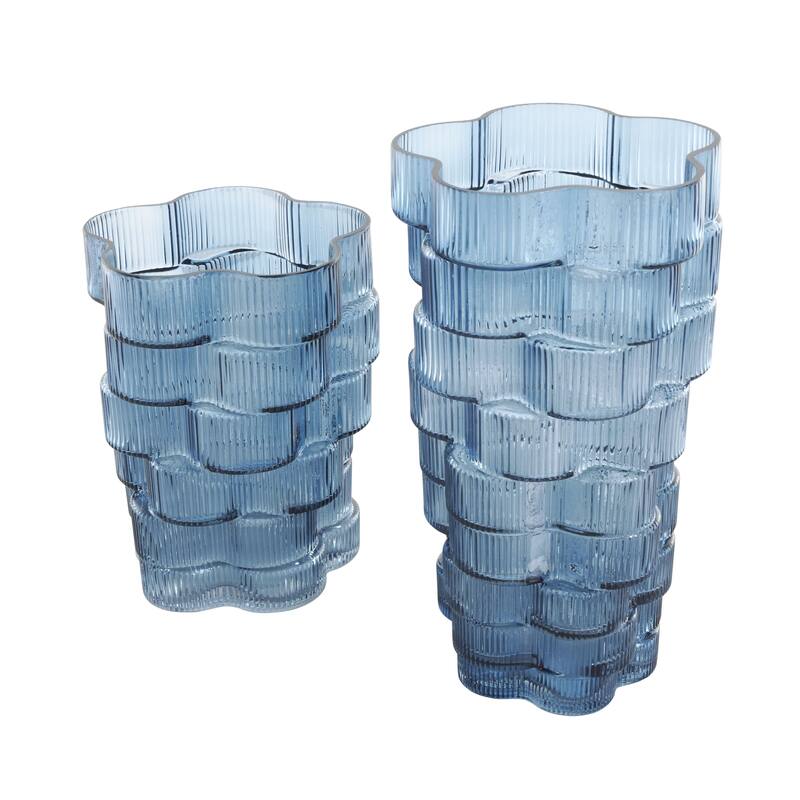 Glass Ribbed Stacked Flower Decorative Vase - Set of 2 Brown or Blue - Roche River Decor