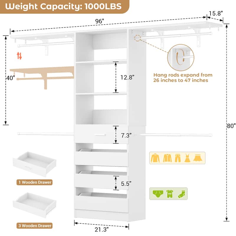 96'' Closet Organizer System with Wood Drawers, Wardrobe with Storage Shelves and 4 Hanging Rods