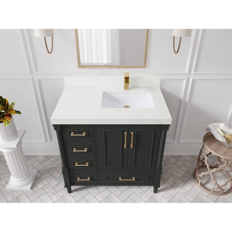 Willow Collections 36 in. W x 22 in. D Aberdeen Right Offset Sink Bathroom Vanity with Countertop - 2" Empira White - Black Top