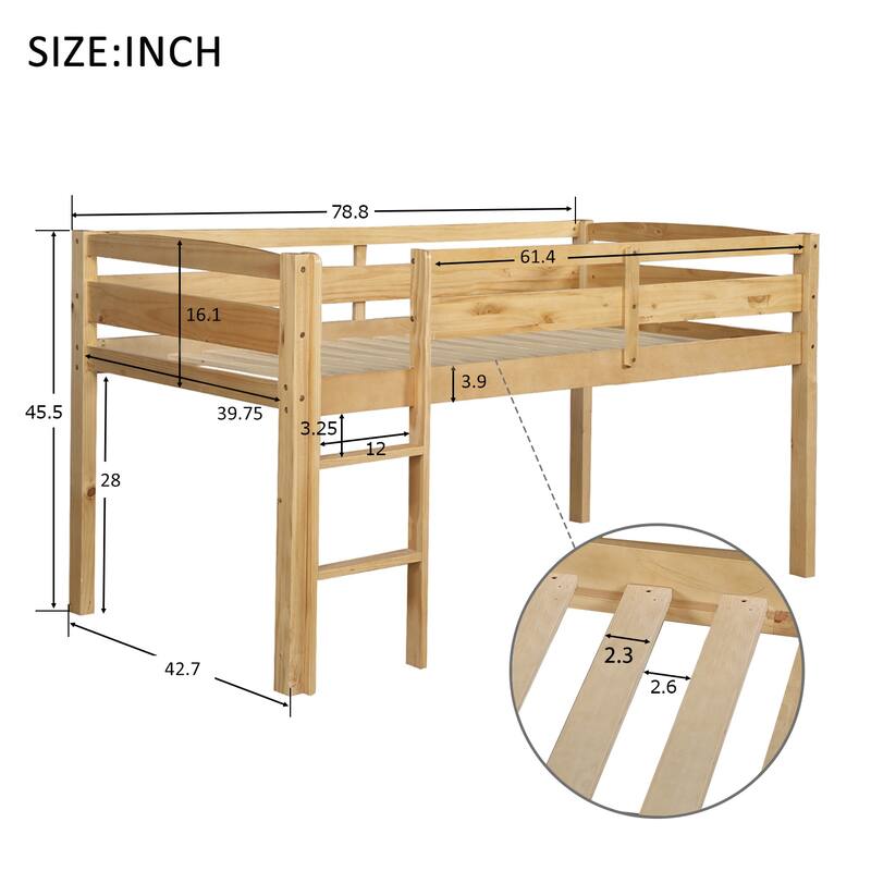 Twin Size Wood Loft Bed with Ladder, Walnut Finish, Space-Saving Design