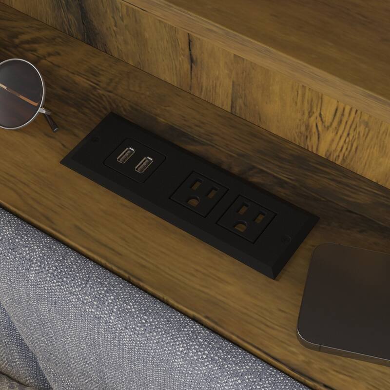 French Queen Size Bed Frame Platform with Brown/Black Storage Headboard & 4 Storage Drawers