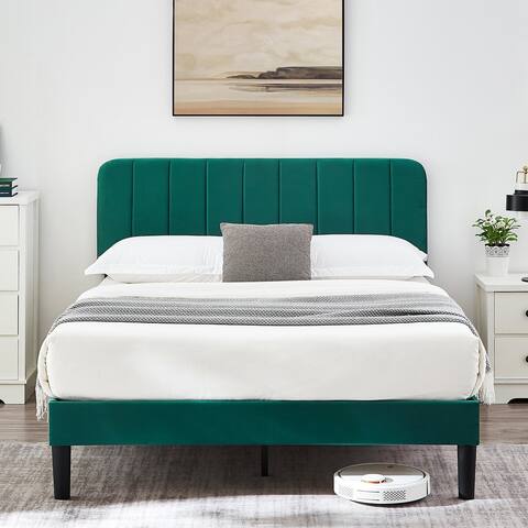 VECELO, Height Adjustable Upholstered Bed Frame,Wood Slat Twin/Full/Queen Size Bed- Dark Green