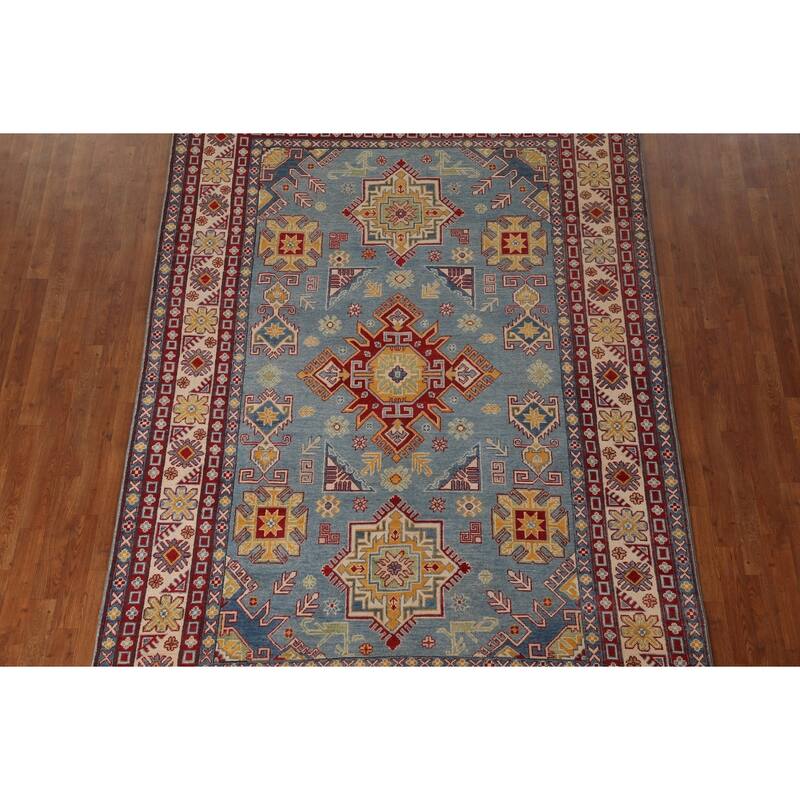Light Blue Kazak Geometric Area Rug Wool Carpet - 6'7" x 9'10"