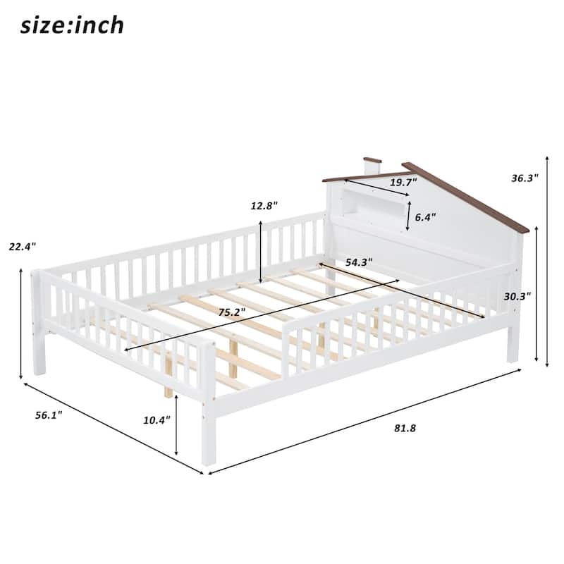 Twin Size Platform Bed with LED-Lit House Headboard, Built-in Storage Nook and Guardrails