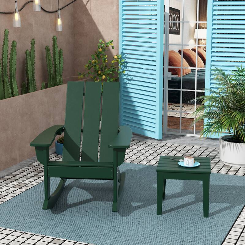 Shoreside Modern Eco-Friendly All Weather Poly Adirondack Rocking Chair with Side Table (2-Piece Set) - Dark Green