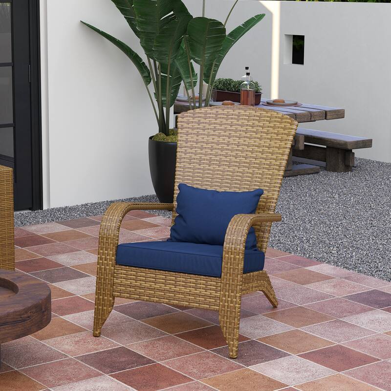 Outdoor Rattan Adirondack Chair with Cushions and Steel Frame Patio Seat for Porch or Pool - 25.2" W x 31.5" D x 35.4" H - MixedTan-Dark Blue