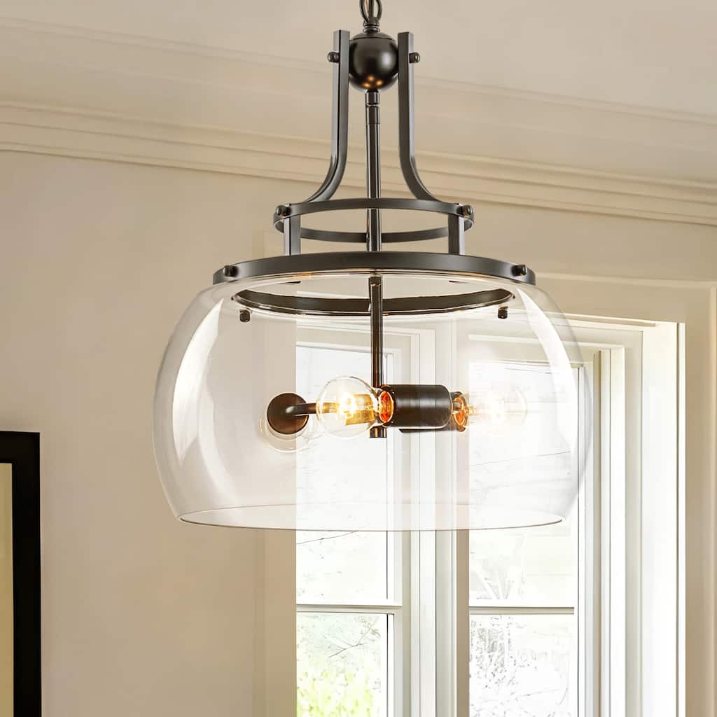 15.9" W 3-Light Modern Farmhouse Matte Black Pendant light with Clear Glass Dome Shade for Kitchen Island, Dining Room, Foyer