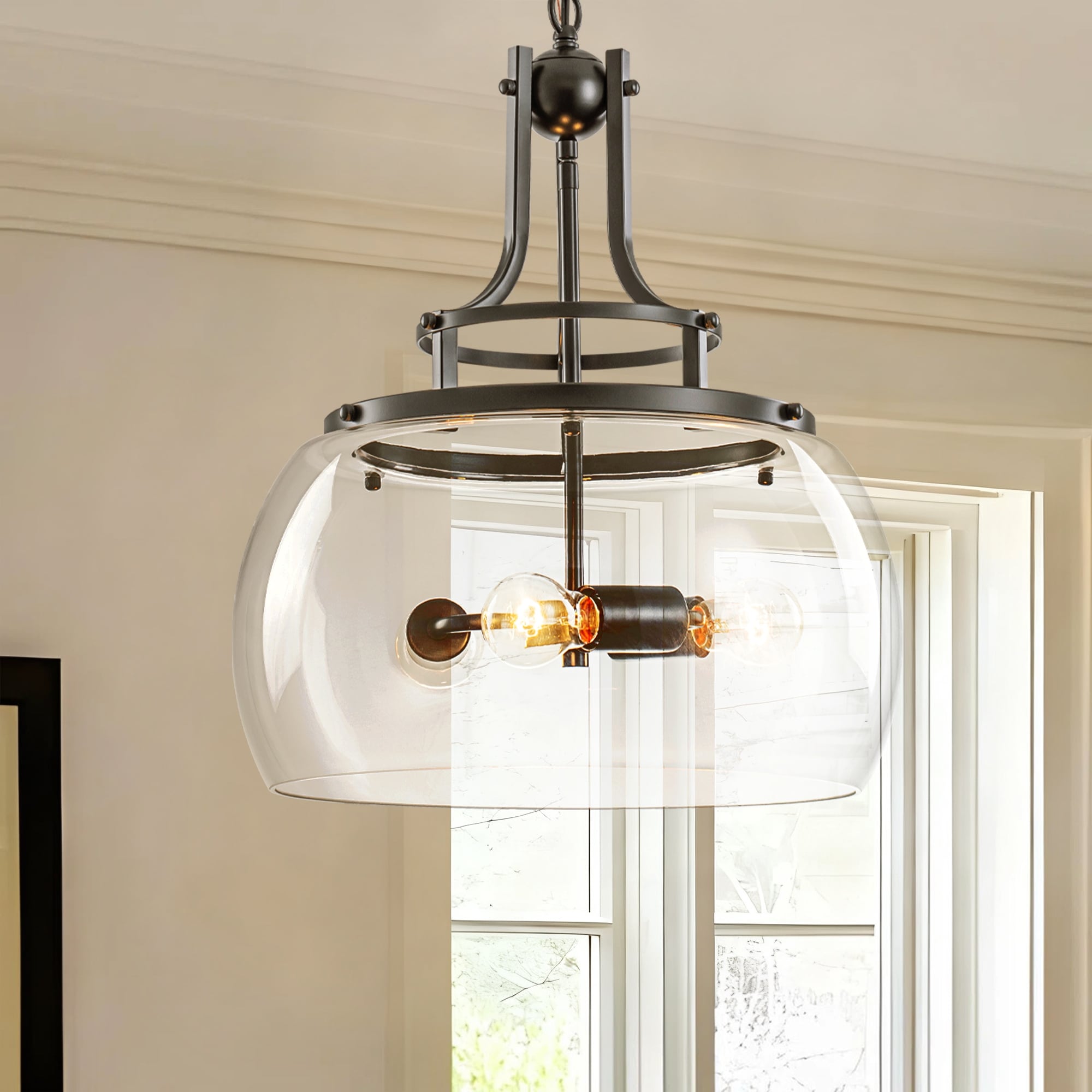 15.9" W 3-Light Modern Farmhouse Matte Black Dome Pendant Light with Clear Glass Shade for Kitchen Island, Dining Room
