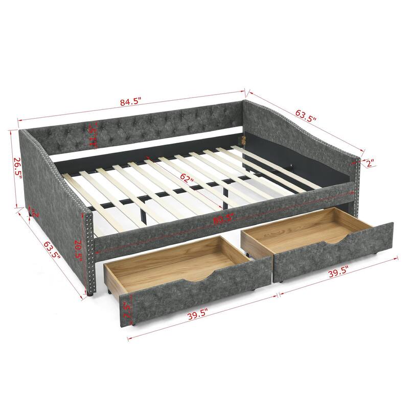 Tufted Button Daybed with 2 Storage Drawers/Upholstered Sofa Bed Frame w/Copper Nail on Waved Shape Armrests/No Spring Box Need