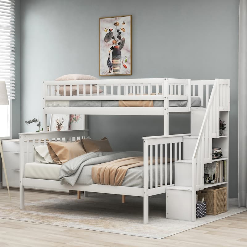 White Twin over Full Stairway Bunk Bed with Storage, Convertible into Two Separate Beds - White