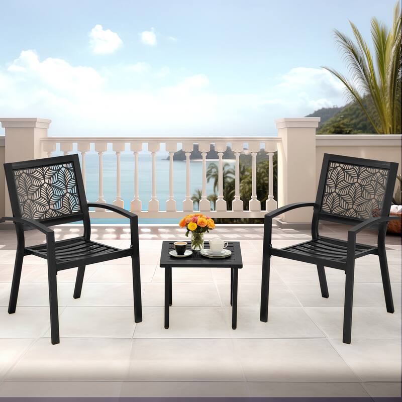 Outdoor Patio Set, Weatherproof Iron Bistro Table & Chairs, Floral Back Design, Space-Saving（Green/ Blue/ Yellow/ Black）