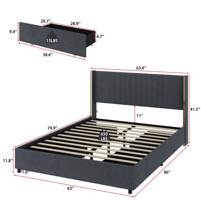 Stylish Grey or White Platform Bed with Light-Up Headboard and Drawer
