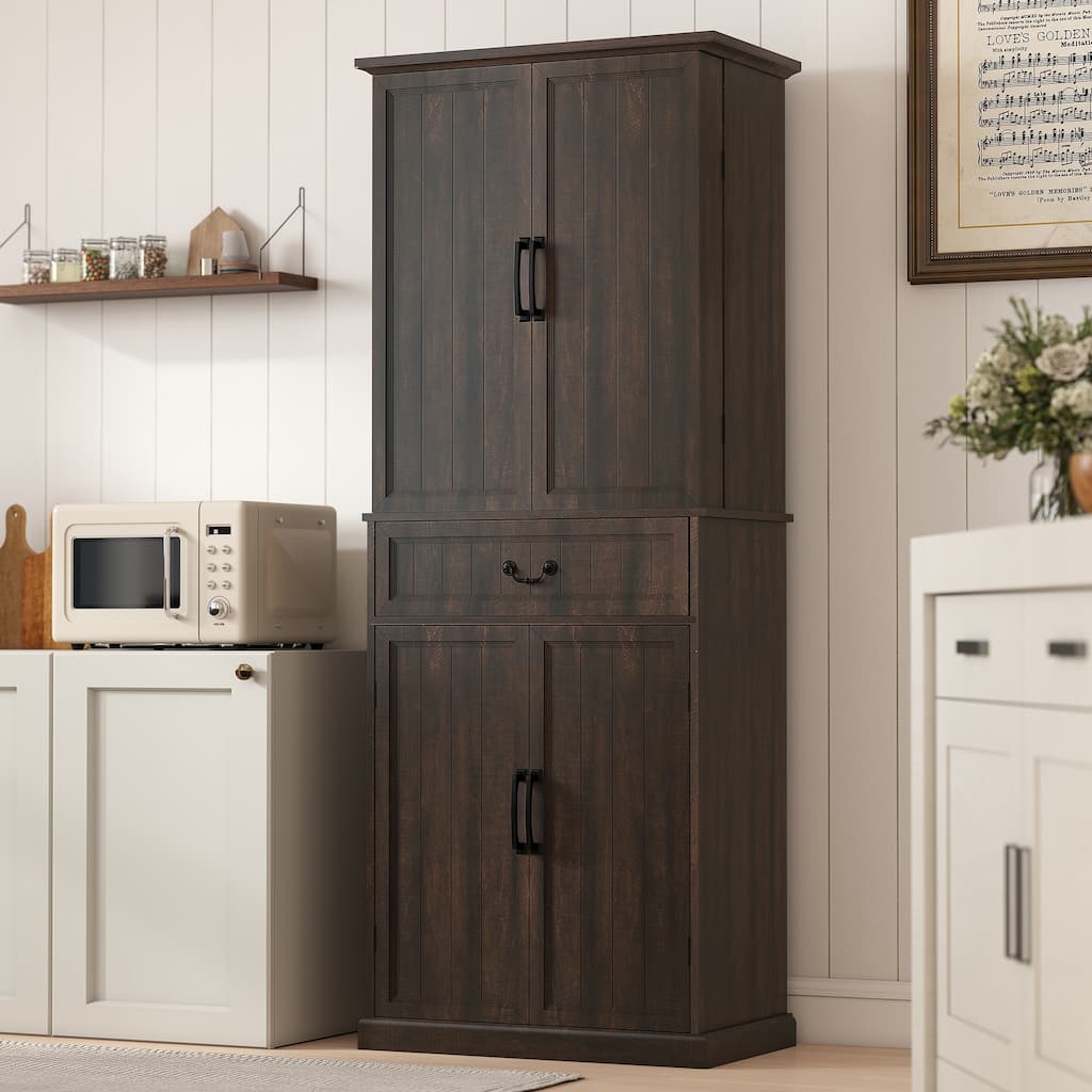 Farmhouse Style Kitchen Pantry Cabinet with Motion Sensor Light Adjustable Shelves and Spacious Storage