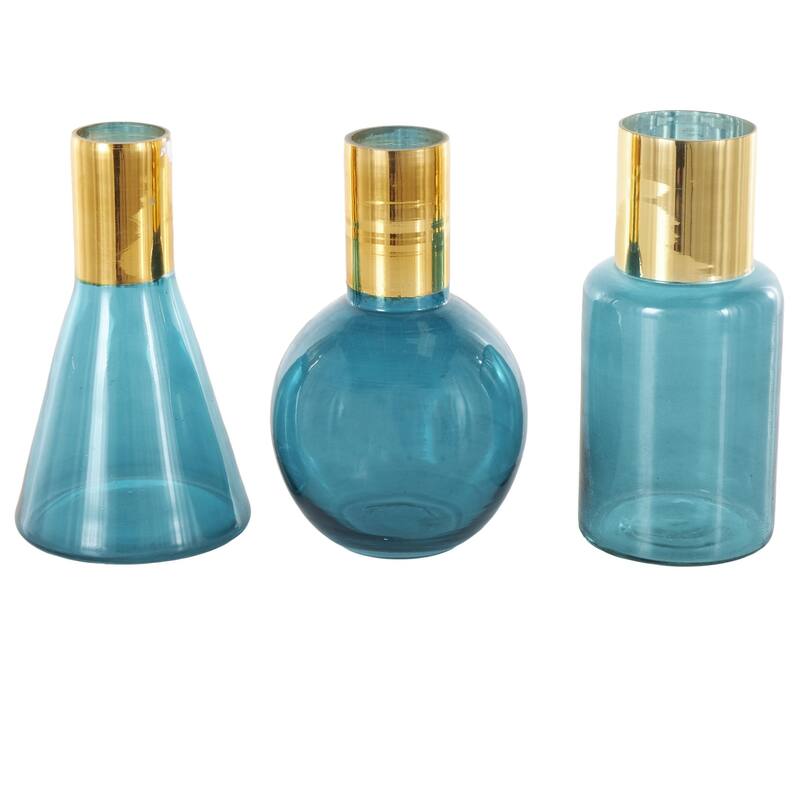 Blue or Gold Glass Tinted Geometric Decorative Vase with Gold Rim and Varying Shapes (Set of 3)