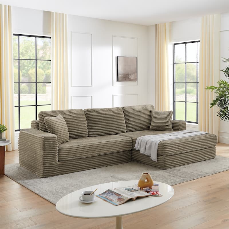 Modern Minimalist L-shape Sectional Sofa with Chaise Lounge Corduroy Compressed Folding Couch Convertible into Floor Bed