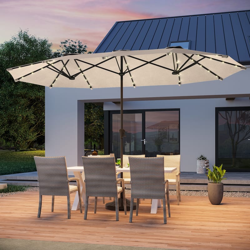 BONOSUKI 13 x 7.2ft Solar-Powered LED Double-Sided Patio Umbrella with Large Canopy Outdoor Table Umbrella for Garden, Navy Blue - Beige