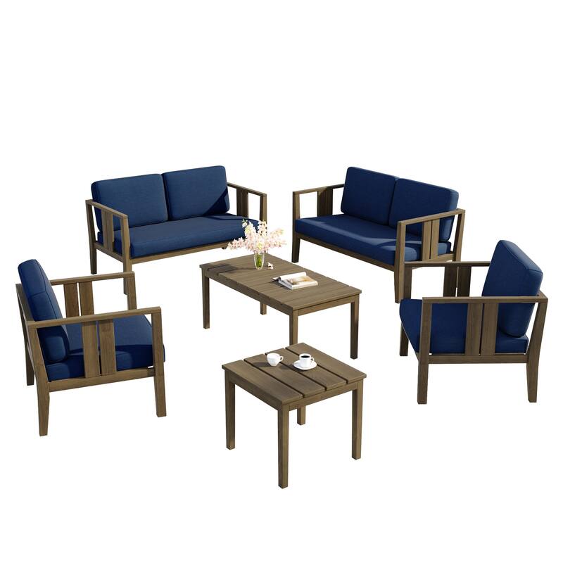 6-Piece Outdoor Furniture Solid Teak Patio Conversation Set with Table