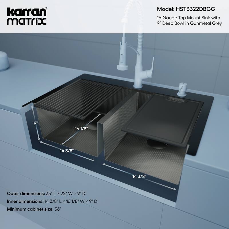 Matrix 33" Top Mount Workstation 16 Gauge Double Bowl Stainless Steel Kitchen Sink with Accessories