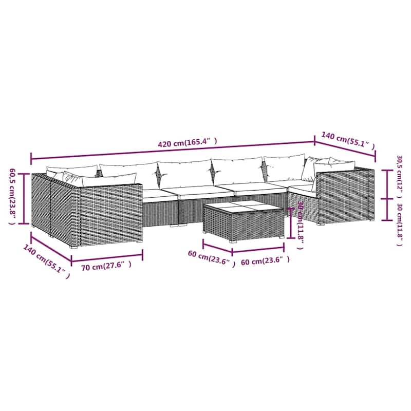 vidaXL Patio Lounge Set Outdoor Sectional Sofa Set Table Garden Poly Rattan - 27.6" x 27.6" x 23.8"