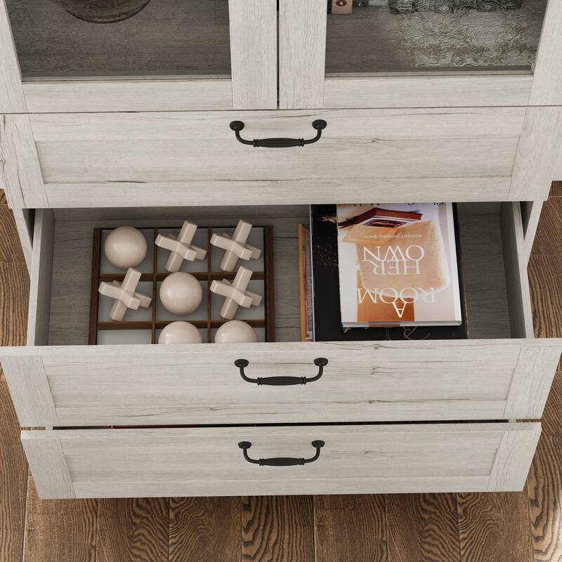 Bookcase Cabinet with Glass Doors and Drawers Multi-Purpose Storage Display Hutch for Living Room or Dining Room