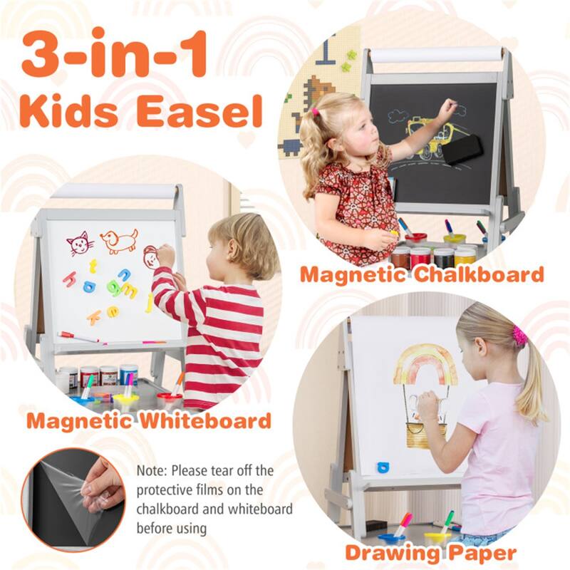 3-in-1 Magnetic Kids Art Easel with Chalkboard, Whiteboard, Paper Roll & Storage Bins - 21.5" x 18" x 40"