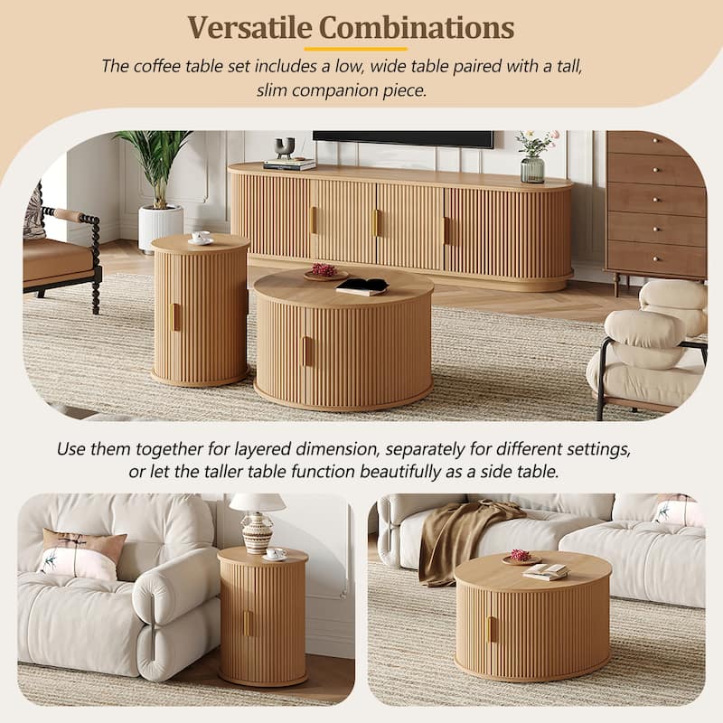 Farmhouse TV Stand & Coffee Table Set with Fluted Sliding Door & Golden Handles, for TVs up to 75"